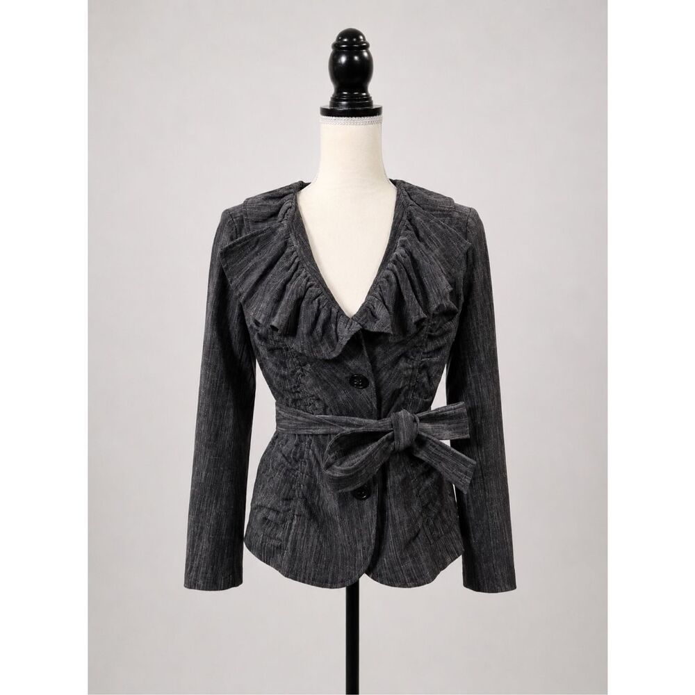VTG Bamboo Traders Ruffle Denim Blazer Jacket Womens S Gray Belted Stretch Y2K